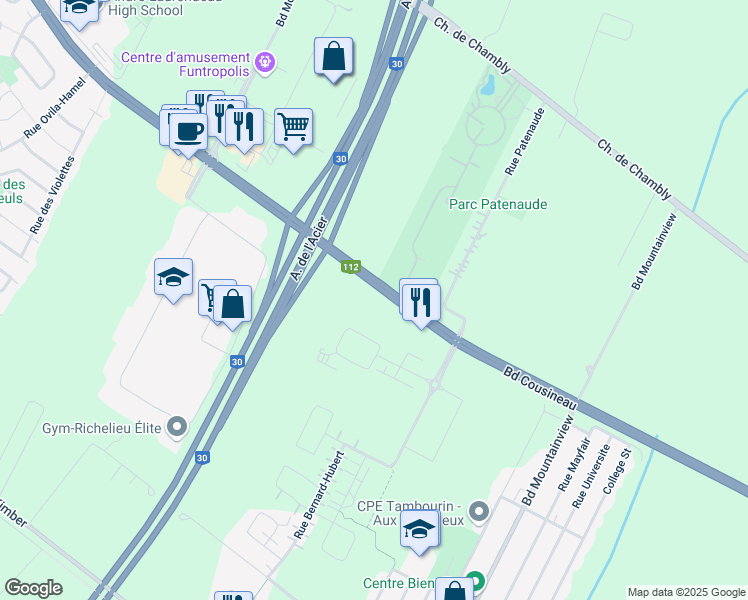 map of restaurants, bars, coffee shops, grocery stores, and more near 8105 Boulevard Cousineau in Longueuil