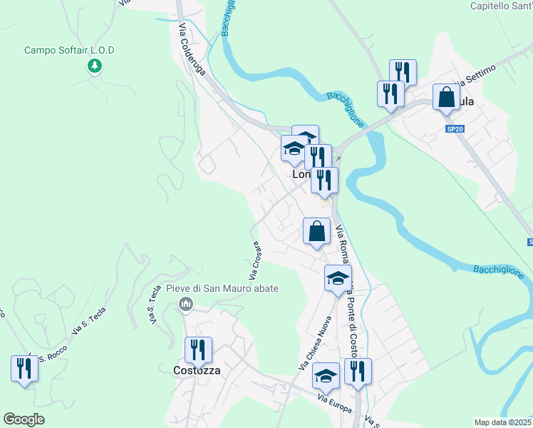 map of restaurants, bars, coffee shops, grocery stores, and more near 18a Via Crosara in Longare