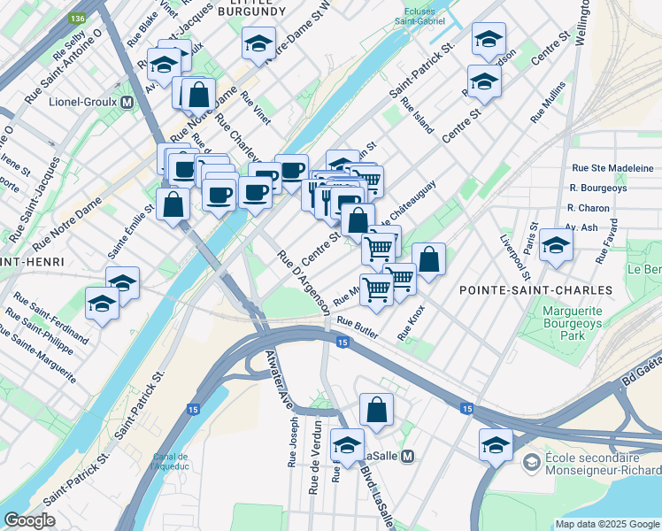 map of restaurants, bars, coffee shops, grocery stores, and more near 2710 Rue de Châteauguay in Montreal