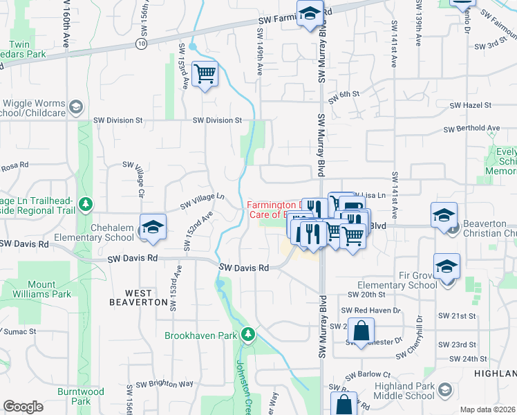 map of restaurants, bars, coffee shops, grocery stores, and more near 14890 Southwest Village Lane in Beaverton