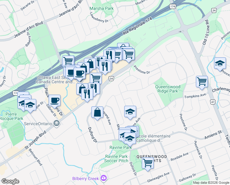 map of restaurants, bars, coffee shops, grocery stores, and more near 249 Kennedy Lane West in Ottawa