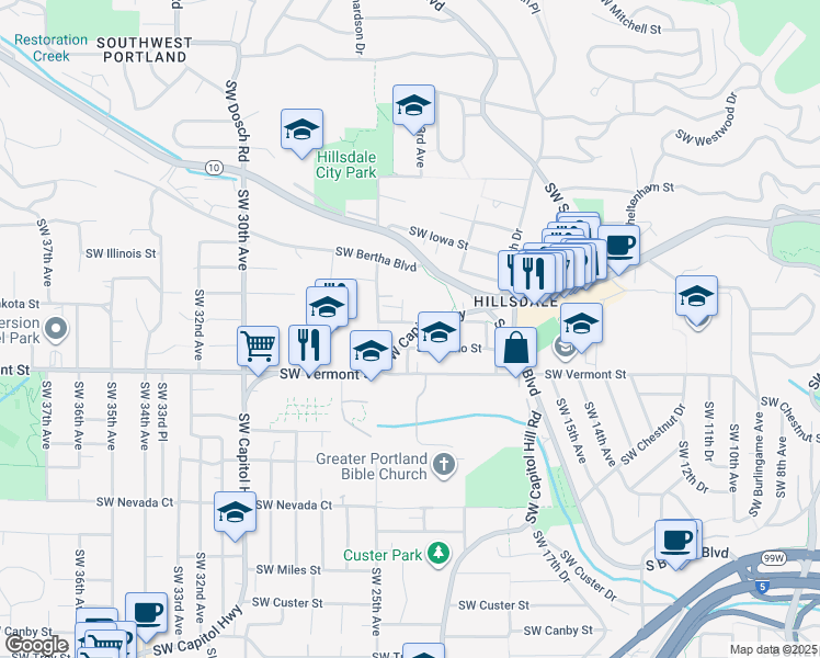 map of restaurants, bars, coffee shops, grocery stores, and more near 2402 Southwest Nebraska Street in Portland