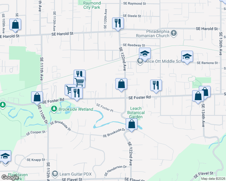 map of restaurants, bars, coffee shops, grocery stores, and more near 12021 Southeast Foster Road in Portland
