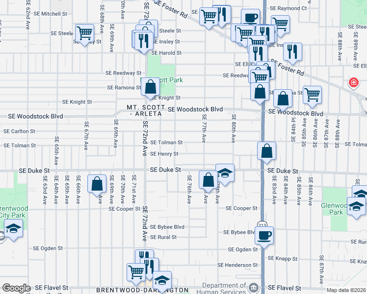 map of restaurants, bars, coffee shops, grocery stores, and more near 7439 Southeast Henry Street in Portland