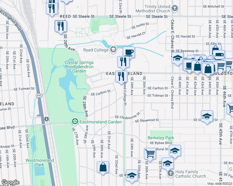 map of restaurants, bars, coffee shops, grocery stores, and more near 6224 Southeast 31st Avenue in Portland