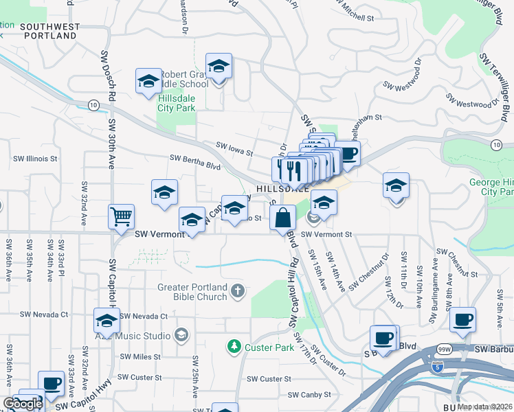 map of restaurants, bars, coffee shops, grocery stores, and more near 1936 Southwest Nebraska Street in Portland