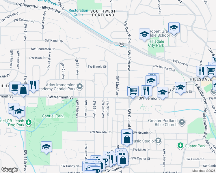 map of restaurants, bars, coffee shops, grocery stores, and more near 3309 Southwest Idaho Street in Portland