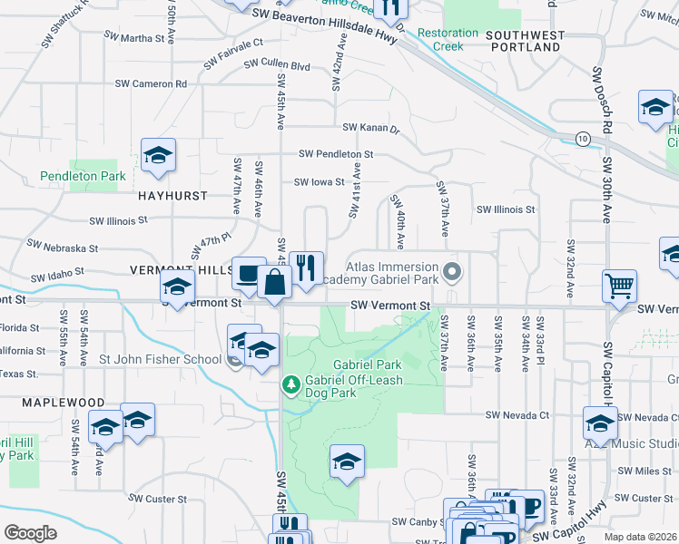 map of restaurants, bars, coffee shops, grocery stores, and more near 4323 Southwest Idaho Drive in Portland