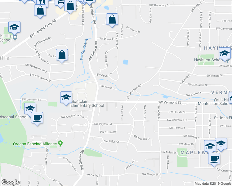 map of restaurants, bars, coffee shops, grocery stores, and more near 6566 Southwest Terri Court in Portland