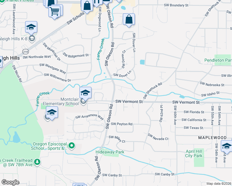 map of restaurants, bars, coffee shops, grocery stores, and more near 6755 South Vermont Street in Portland