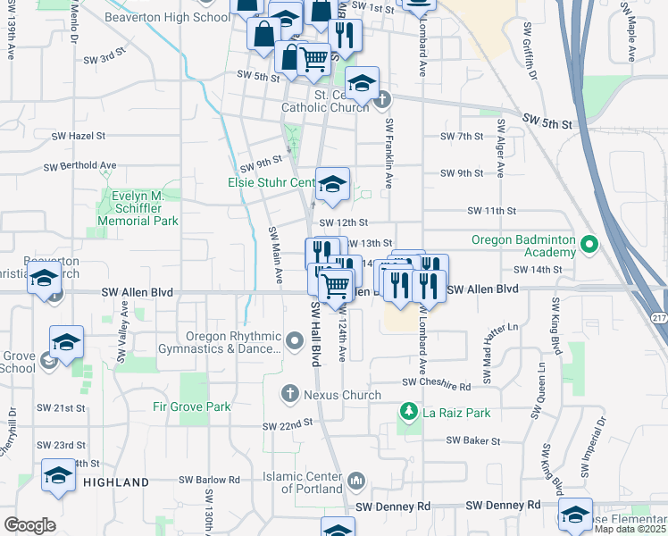 map of restaurants, bars, coffee shops, grocery stores, and more near 5970 Southwest Hall Boulevard in Beaverton