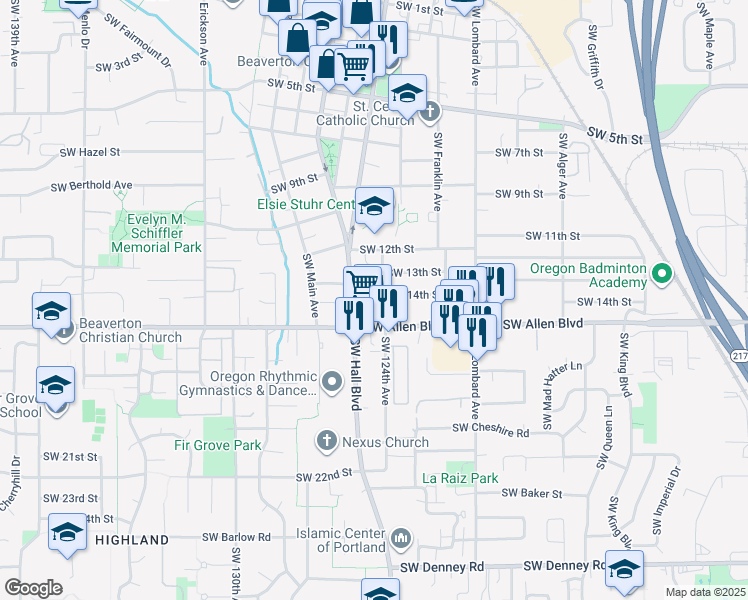 map of restaurants, bars, coffee shops, grocery stores, and more near 5970 Southwest Hall Boulevard in Beaverton