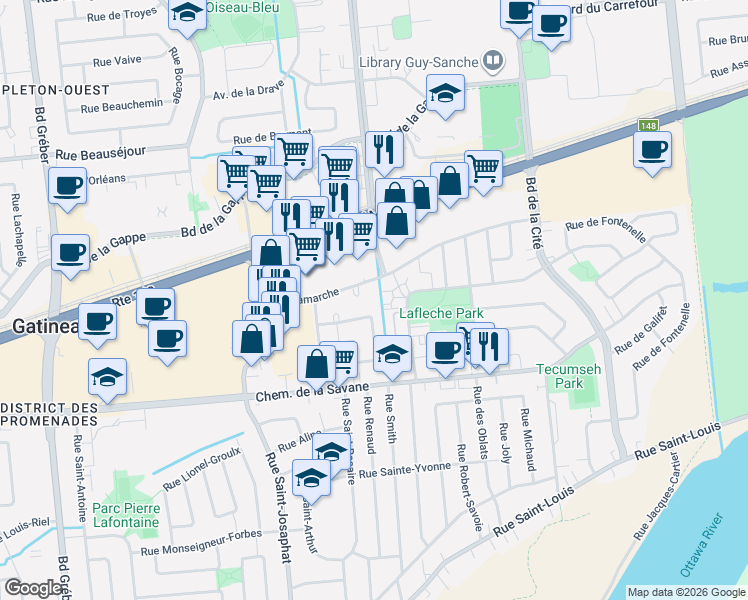 map of restaurants, bars, coffee shops, grocery stores, and more near 168 Rue Lamarche in Gatineau