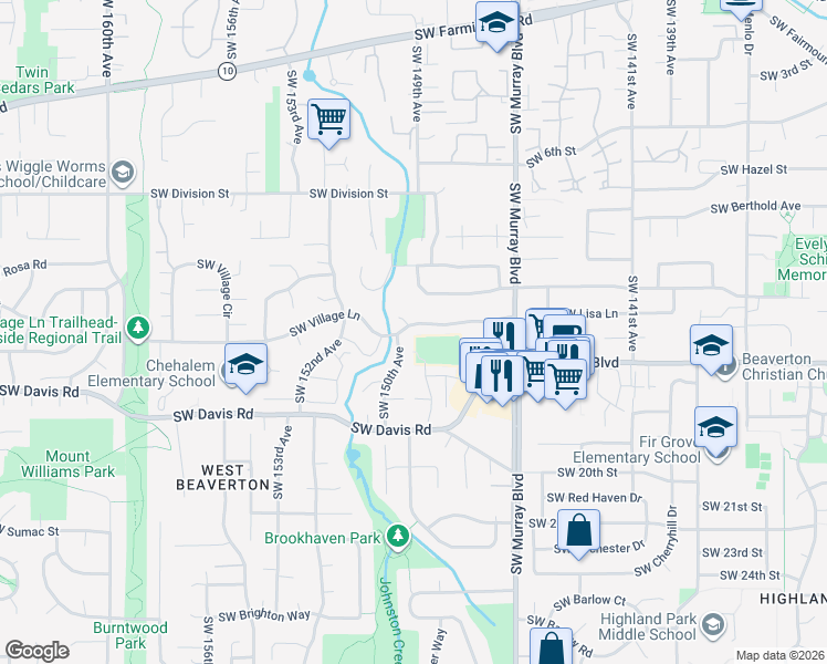 map of restaurants, bars, coffee shops, grocery stores, and more near 14890 Southwest Village Lane in Beaverton