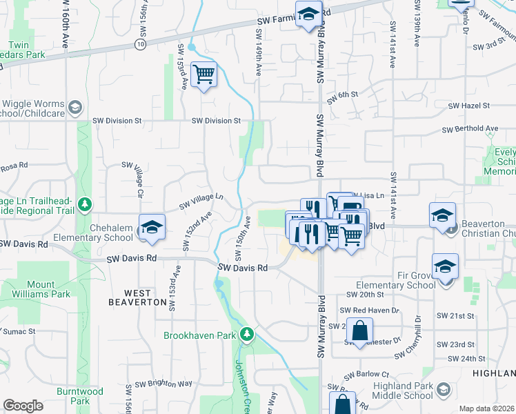 map of restaurants, bars, coffee shops, grocery stores, and more near 14890 Southwest Village Lane in Beaverton