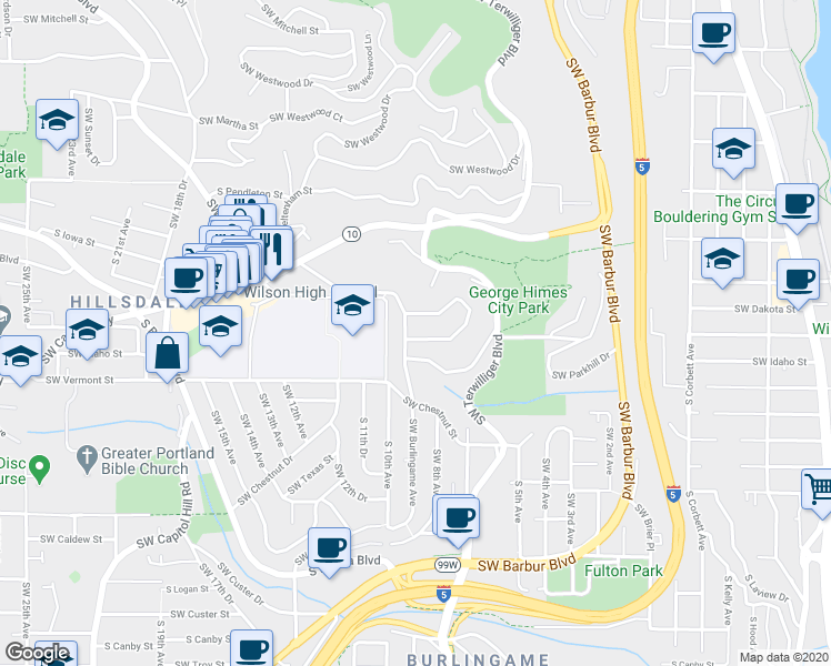 map of restaurants, bars, coffee shops, grocery stores, and more near 6495 Southwest Burlingame Place in Portland