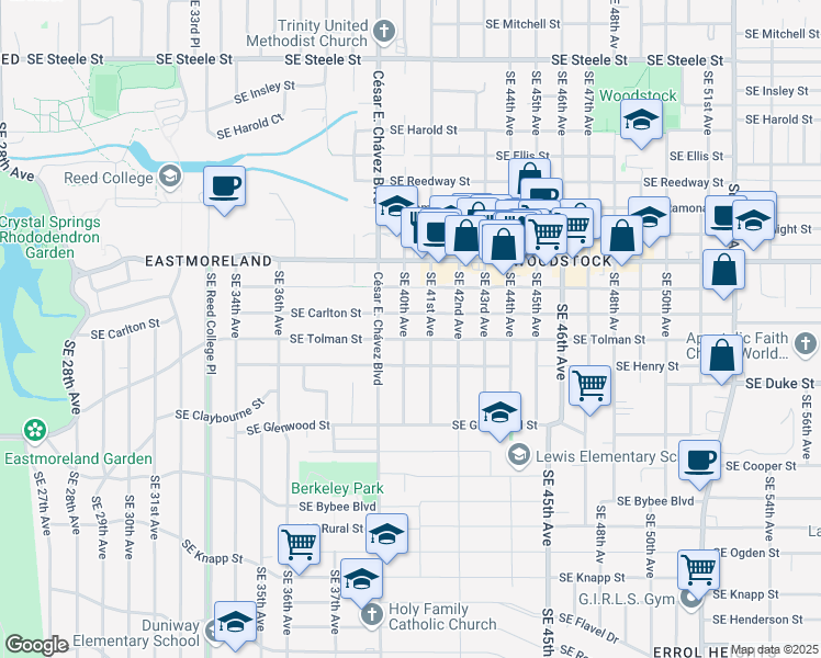 map of restaurants, bars, coffee shops, grocery stores, and more near 6226 Southeast 40th Avenue in Portland