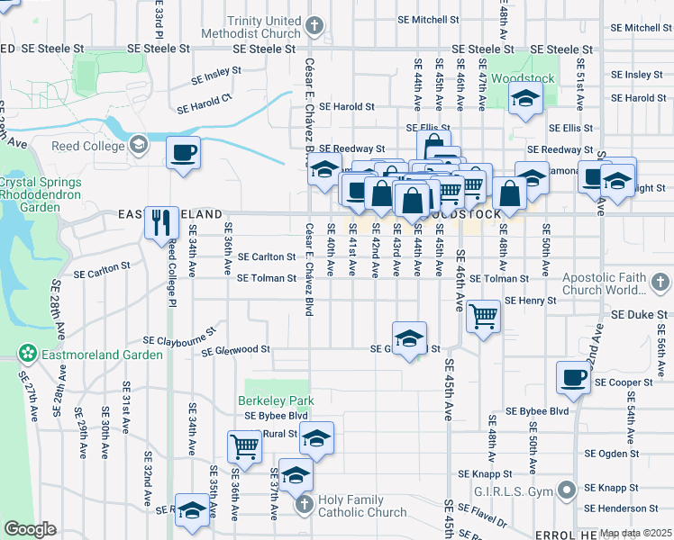 map of restaurants, bars, coffee shops, grocery stores, and more near 6226 Southeast 40th Avenue in Portland