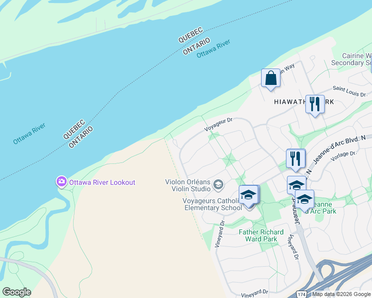 map of restaurants, bars, coffee shops, grocery stores, and more near 6115 Voyageur Drive in Ottawa