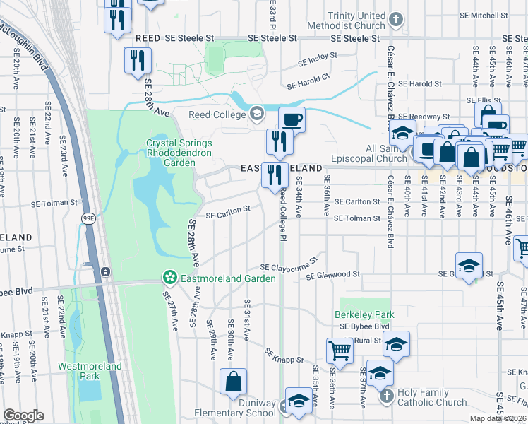 map of restaurants, bars, coffee shops, grocery stores, and more near 6216 Southeast 32nd Avenue in Portland