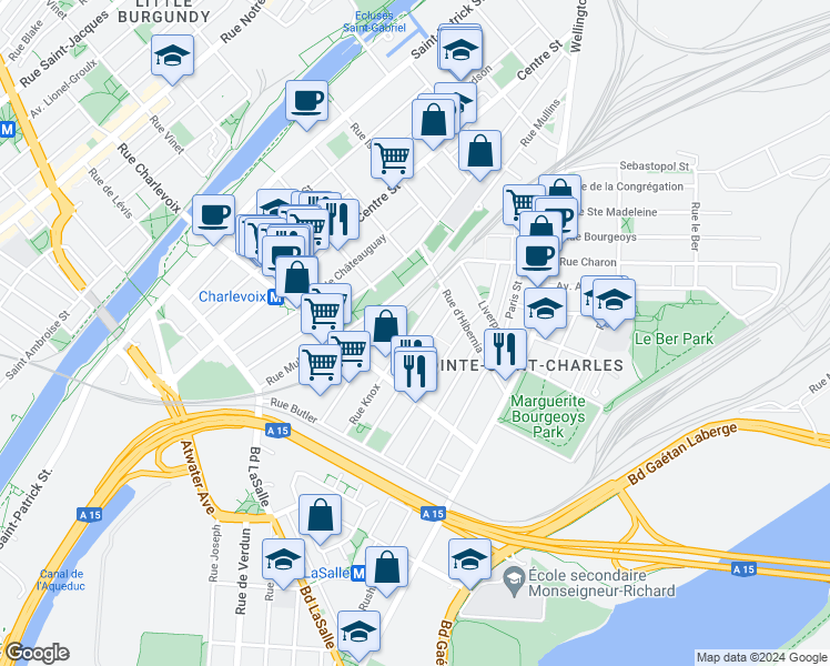 map of restaurants, bars, coffee shops, grocery stores, and more near 2430 Rue Knox in Montréal