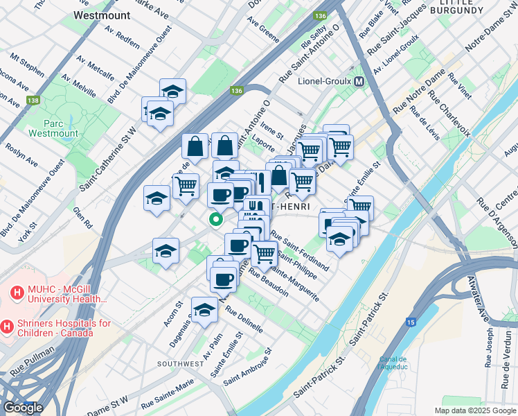 map of restaurants, bars, coffee shops, grocery stores, and more near in Montreal