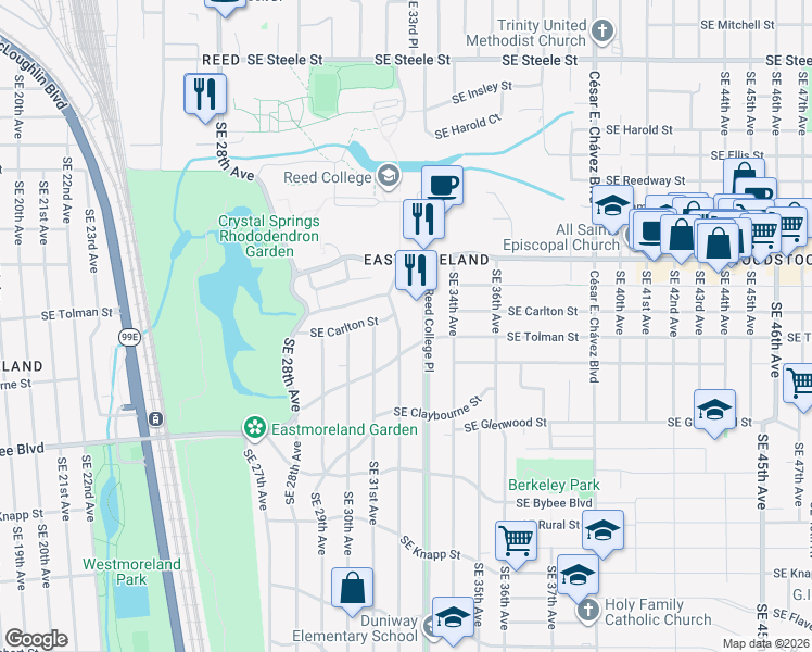 map of restaurants, bars, coffee shops, grocery stores, and more near 6216 Southeast 32nd Avenue in Portland