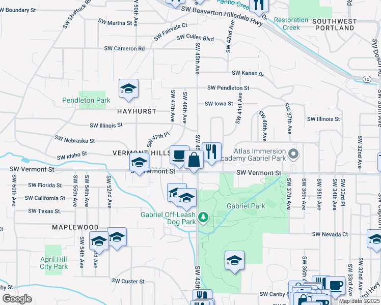 map of restaurants, bars, coffee shops, grocery stores, and more near 4528 Southwest Idaho Drive in Portland