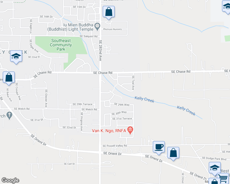 map of restaurants, bars, coffee shops, grocery stores, and more near 2822 Southeast Pheasant Way in Gresham
