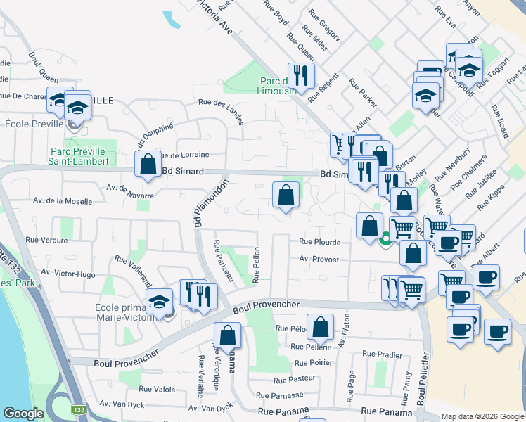 map of restaurants, bars, coffee shops, grocery stores, and more near 285 Rue d'Orléans in Saint-Lambert