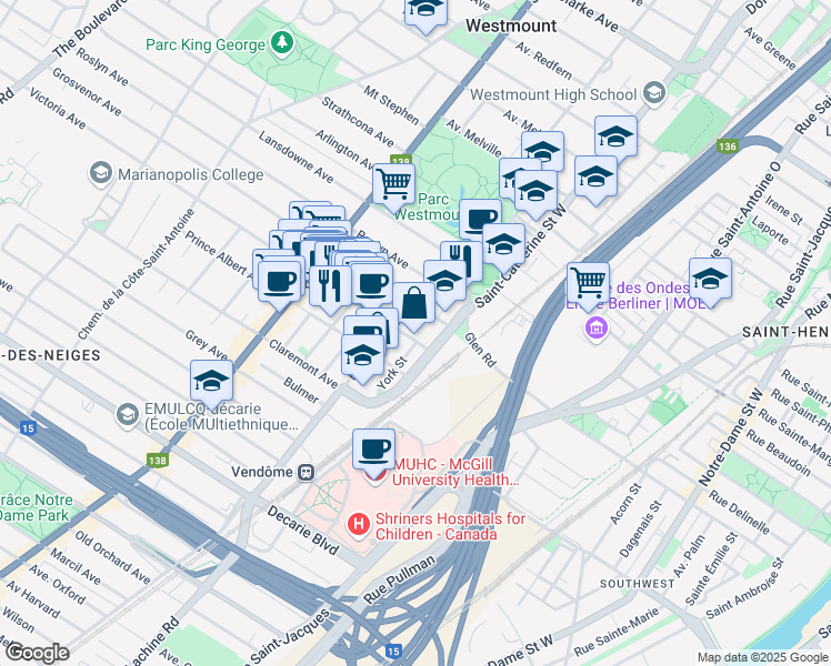 map of restaurants, bars, coffee shops, grocery stores, and more near in Westmount