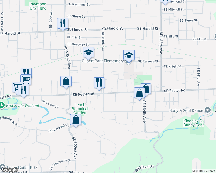 map of restaurants, bars, coffee shops, grocery stores, and more near 12843 Southeast Foster Road in Portland