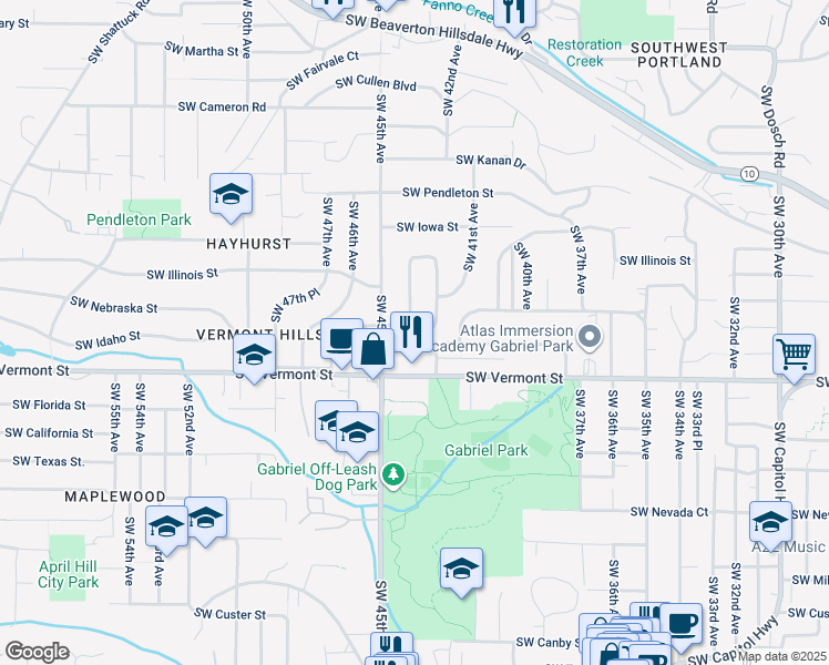 map of restaurants, bars, coffee shops, grocery stores, and more near 4408 Southwest Idaho Drive in Portland