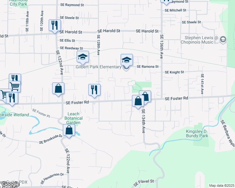 map of restaurants, bars, coffee shops, grocery stores, and more near 13049 Southeast Foster Road in Portland