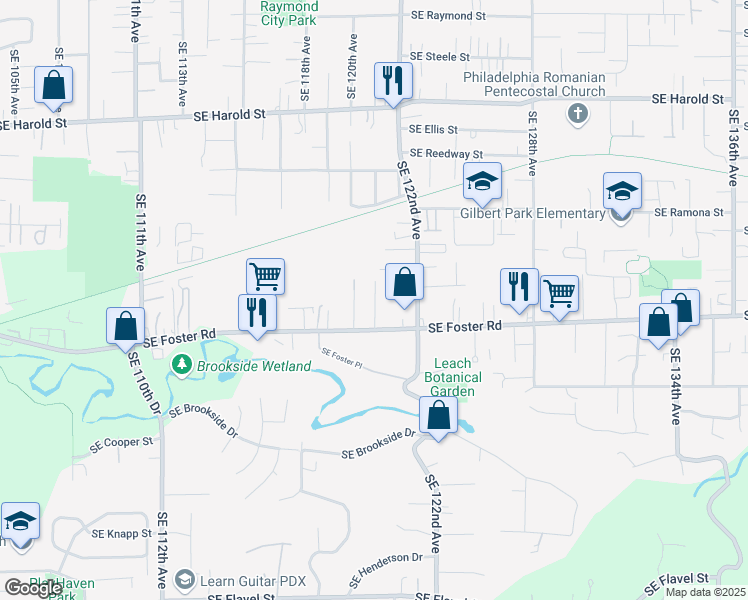 map of restaurants, bars, coffee shops, grocery stores, and more near 12021 Southeast Foster Road in Portland