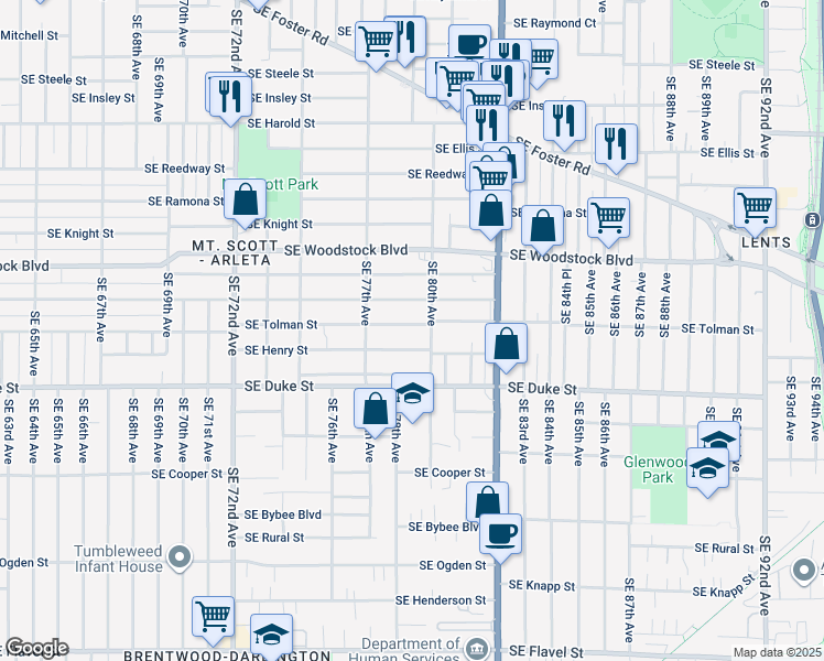 map of restaurants, bars, coffee shops, grocery stores, and more near 7811 Southeast Henry Street in Portland