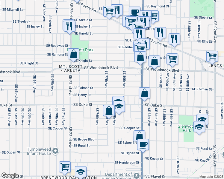 map of restaurants, bars, coffee shops, grocery stores, and more near 7811 Southeast Henry Street in Portland