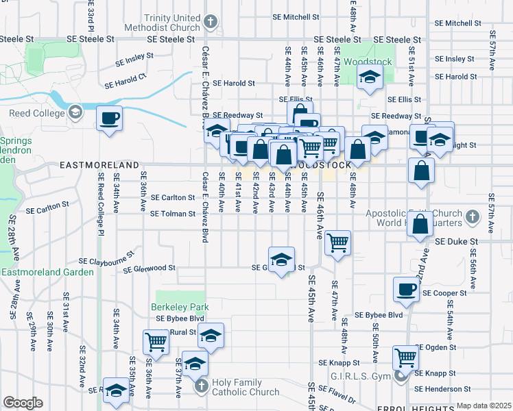 map of restaurants, bars, coffee shops, grocery stores, and more near 6302 Southeast 42nd Avenue in Portland