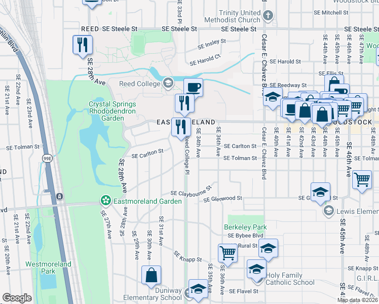 map of restaurants, bars, coffee shops, grocery stores, and more near 6243 Southeast Reed College Place in Portland