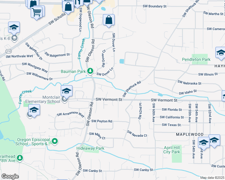 map of restaurants, bars, coffee shops, grocery stores, and more near 6555 South Vermont Street in Portland