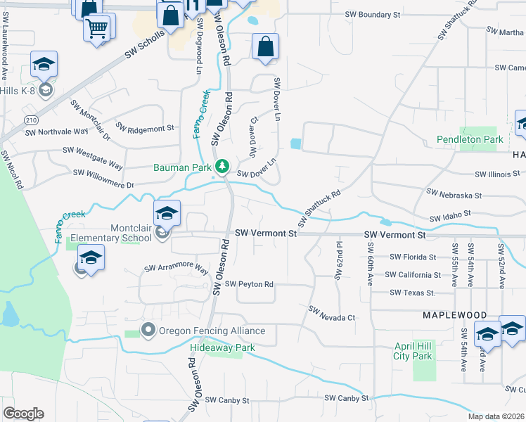 map of restaurants, bars, coffee shops, grocery stores, and more near 6555 South Vermont Street in Portland