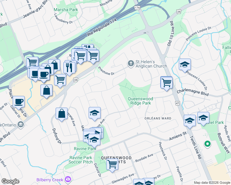 map of restaurants, bars, coffee shops, grocery stores, and more near 1385 Caravel Crescent in Ottawa