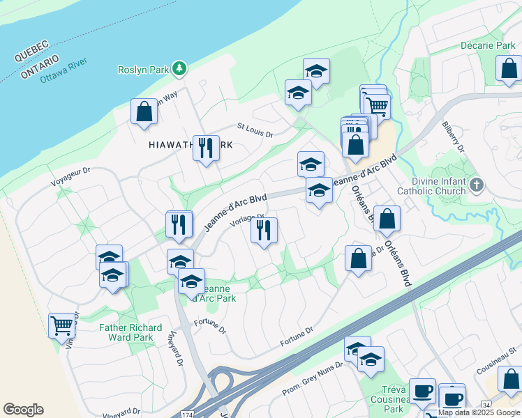 map of restaurants, bars, coffee shops, grocery stores, and more near 6327 Vorlage Drive in Ottawa