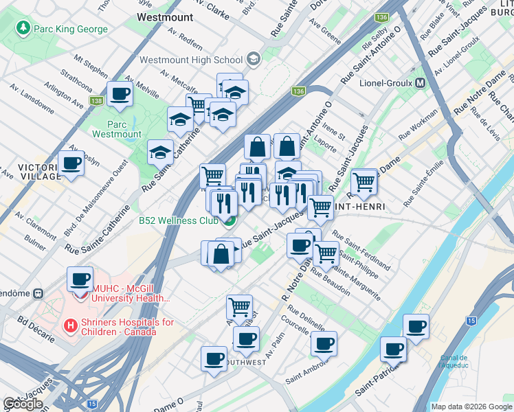 map of restaurants, bars, coffee shops, grocery stores, and more near 4292 Rue Saint-Antoine Ouest in Montréal