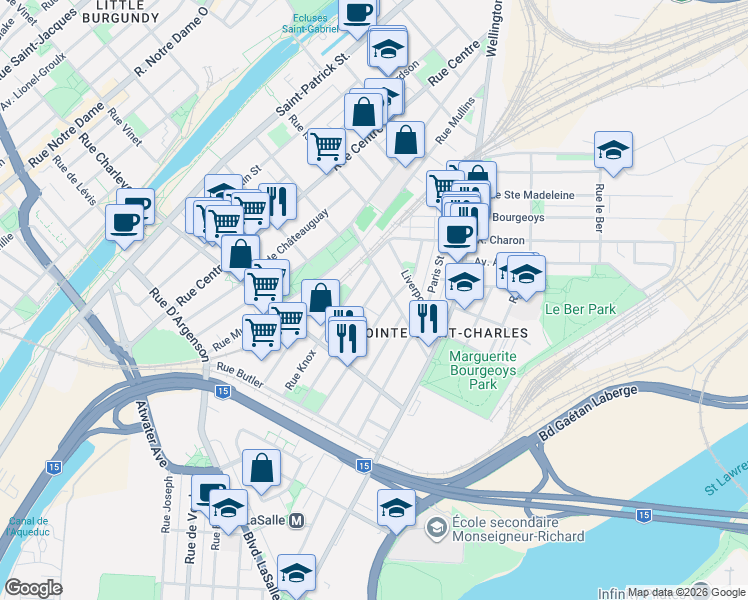 map of restaurants, bars, coffee shops, grocery stores, and more near 2350 Rue de Ryde in Montréal