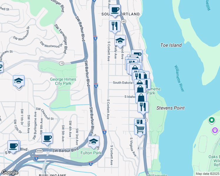 map of restaurants, bars, coffee shops, grocery stores, and more near 240 Southwest Nebraska Street in Portland