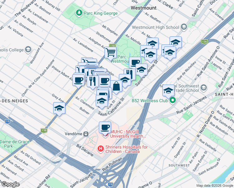 map of restaurants, bars, coffee shops, grocery stores, and more near in Westmount