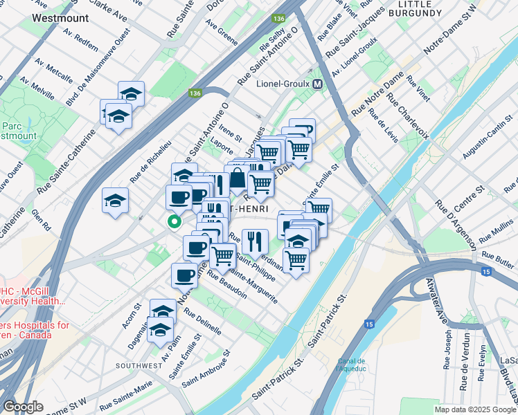 map of restaurants, bars, coffee shops, grocery stores, and more near 4028 Notre-Dame Street West in Montreal