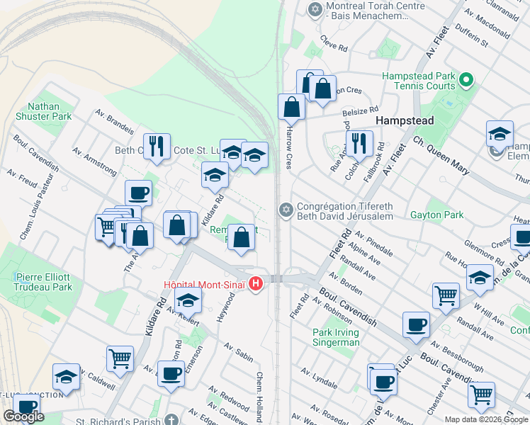 map of restaurants, bars, coffee shops, grocery stores, and more near 5649 Chemin Merrimac in Côte Saint-Luc