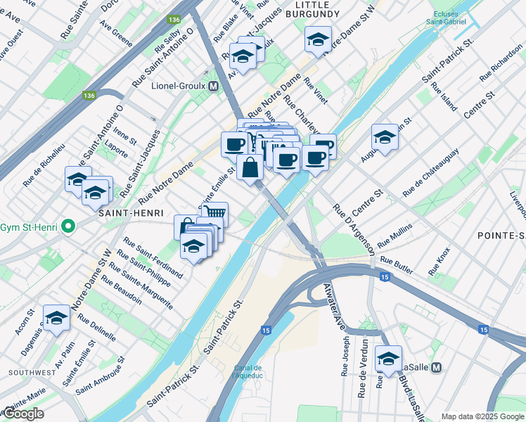 map of restaurants, bars, coffee shops, grocery stores, and more near 3555 Rue des Lacquiers in Montréal